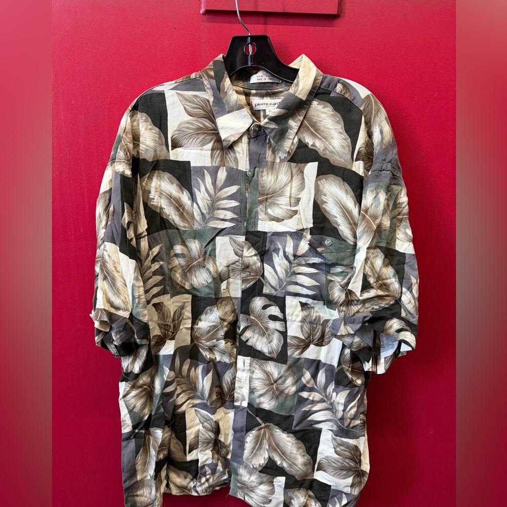 Pierre Cardin Men’s Short-Sleeve Leaf Print Shirt - Black & Brown